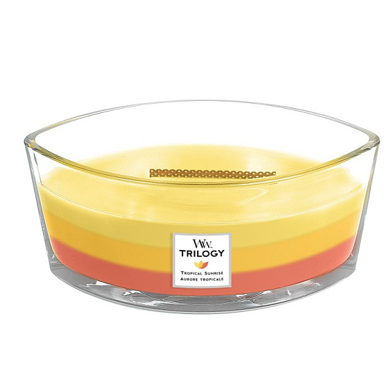 WoodWick Trilogy Tropical Sunrise - Tropische Sonnenaufgang-Duftkerze mit breitem Holzdocht und Bootsdeckel 453 g