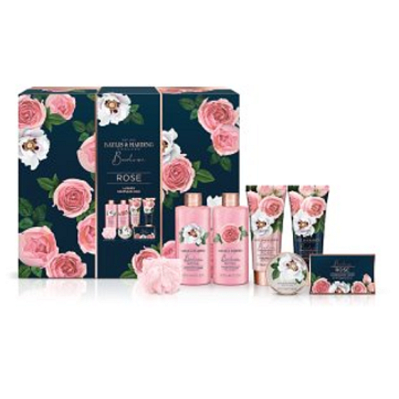 Baylis & Harding Frische Rosen Duschgel 300 ml + Badeschaum 300 ml + Körper- und Handlotion 130 ml + Reinigungsgel 130 ml + Toilettenseife 100 g + Badekristalle 100 g + Waschlappen, Kosmetikset