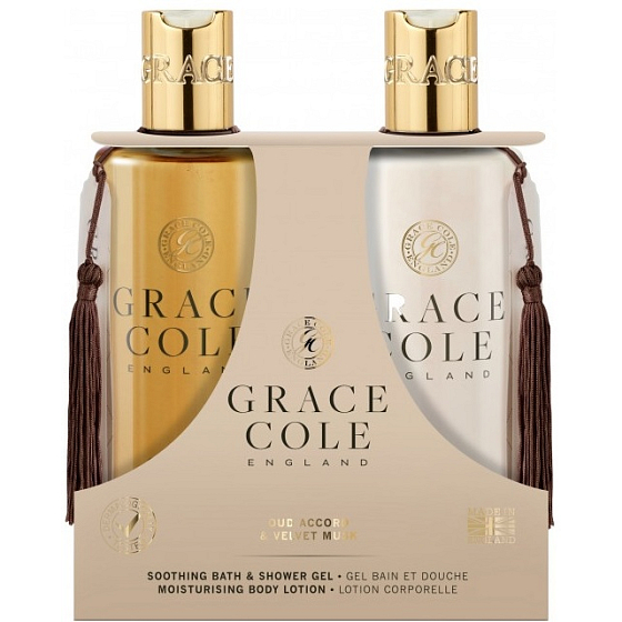 Grace Cole Oud Accord & Velvet Musk - Duschgel aus Oud-Holz und Samtmoschus 300 ml + Körperlotion 300 ml, Kosmetikset