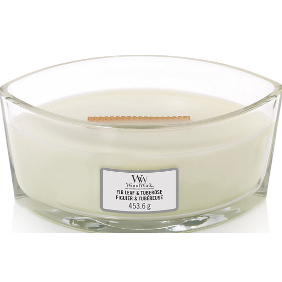 WoodWick Feigenblatt & Tuberose - Feigenblatt- und Tuberose-Duftkerze mit breitem Holzdocht und Deckel 453 g