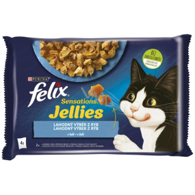 Felix Sensations Jellies Multipack Lachs und Kabeljau in aromatisiertem Gelee, Alleinfuttermittel für ausgewachsene Katzen 4 x 85 g