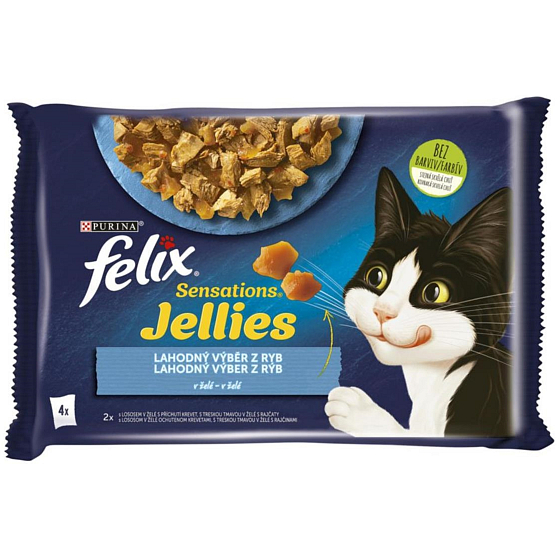 Felix Sensations Jellies Multipack Lachs und Kabeljau in aromatisiertem Gelee, Alleinfuttermittel für ausgewachsene Katzen 4 x 85 g