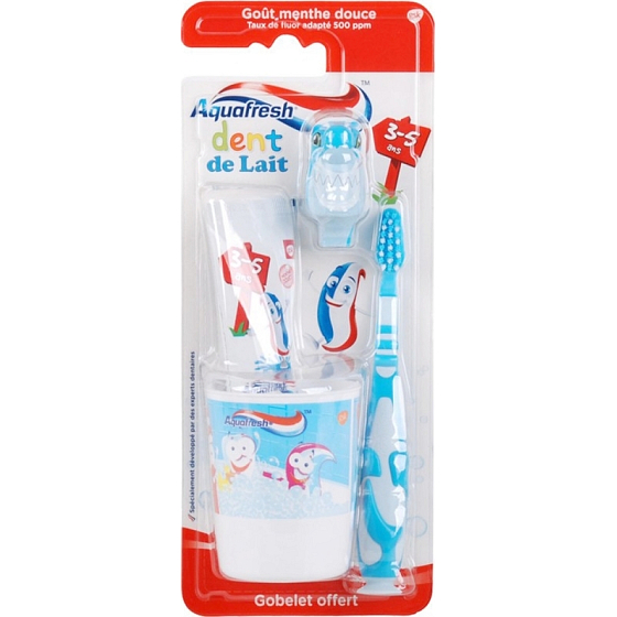 Aquafresh Dent de Lait Zahnpasta 50 ml + Zahnbürste + Tasse, blaues Set für Kinder