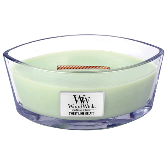 WoodWick Sweet Lime Gelato - Duftkerze mit süßem Eis, breitem Docht aus Holz und Schiffsdeckel aus Glas 453 g