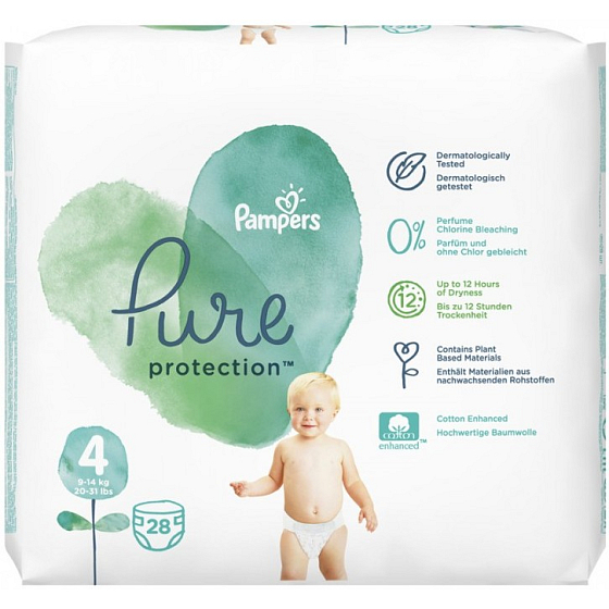 Pampers Pure Protection Größe 4, von 9-14 kg Windelhöschen 28 Stück