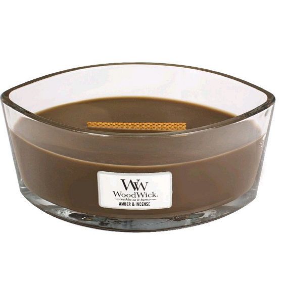 WoodWick Amber & Incense - Duftkerze mit Ambergris und Weihrauch mit breitem Holzdocht und Deckelglasboot 453 g