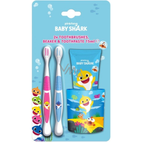 Pinkfong Baby Shark Zahnbürste 2 Stück + Zahnpasta 75 ml + Zahnbürstentiegel, Baby Kosmetik Set