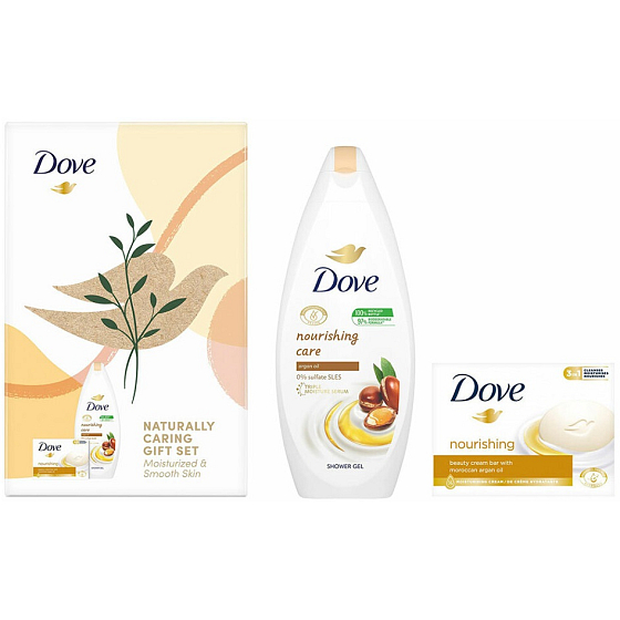 Dove Nourishing Care Argan Oil Duschgel 250 ml + Nourishing Moroccan Argan Oil cremige Toilettenseife mit Arganöl 90 g, Kosmetikset