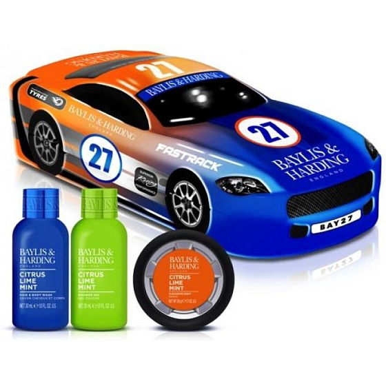 Baylis & Harding Citrus, Lime and Mint Duschgel für Körper und Haar 30 ml + Duschgel 30 ml + feste Seife 50 g + Rennwagen, Kosmetikset für Männer