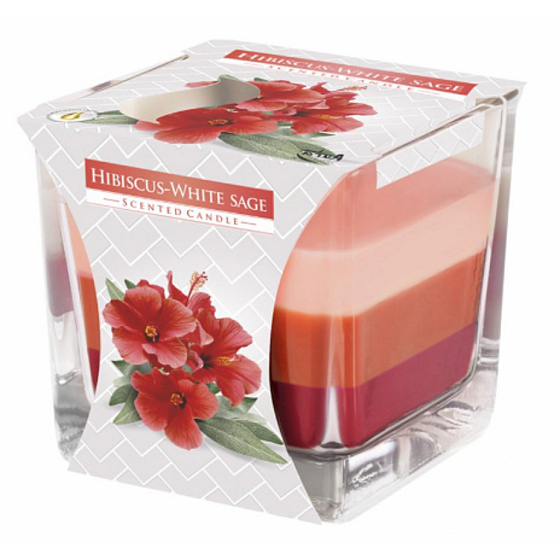 Emocio Hibiscus & White Sage - Hibiskus und weißer Salbei dreifarbige Duftkerze Glasprisma 80 x 80 mm, Brenndauer bis zu 32 Stunden