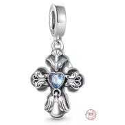 Charm Sterlingové stříbro 925 Kříž s modrým srdcem se symbolikou lásky a míru, přívěsek na náramek náboženství