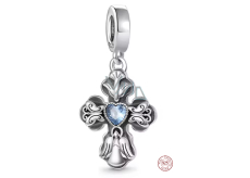 Charm Sterlingové stříbro 925 Kříž s modrým srdcem se symbolikou lásky a míru, přívěsek na náramek náboženství