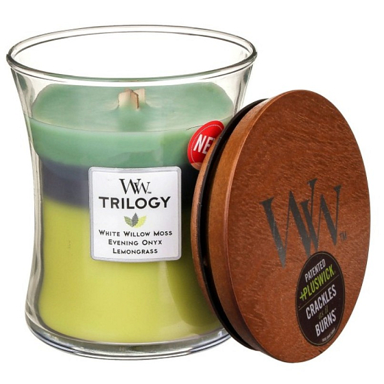 WoodWick Trilogy Woodland Shade - Waldschatten-Duftkerze mit Holzdocht und Deckelglas Medium 275 g