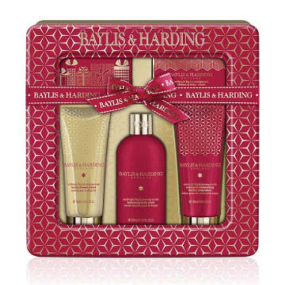 Baylis & Harding Feige und Granatapfel flüssige Körperseife 300 ml + Duschcreme 130 ml + Seife 150 g + Hand- und Körpercreme 130 g + Handtuch, in einem Dosen-Kosmetikset