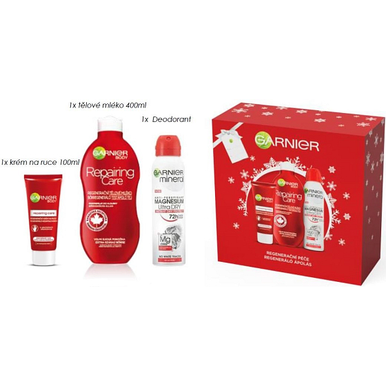 Garnier Repairing Care Regenerierende Körperlotion 400 ml + Regenerierende Handcreme 100 ml + Magnesium Ultra Dry Antitranspirant 150 ml, Kosmetikset