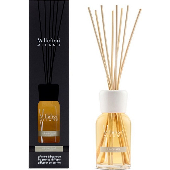 Millefiori Milano Natural Mineral Gold - Mineral Gold Diffusor 250 ml + 8 30 cm lange Stiele für mittelgroße Räume hält mindestens 3 Monate