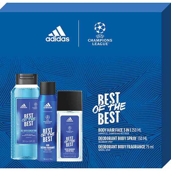 Adidas UEFA Champions League Best of The Best parfümiertes Deo-Glas 75 ml + Duschgel 250 ml + Deo-Spray 150 ml, Kosmetik-Set für Männer