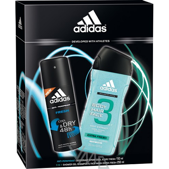 Adidas Cool & Dry Fresh Antitranspirant Deodorant Spray 150 ml + Extra Fresh 3 in 1 Duschgel für Körper, Haare und Gesicht für Männer 250 ml, Kosmetikset