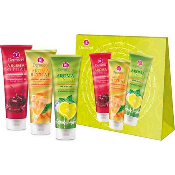 Dermacol Aroma Ritual Mandarinensorbet erhebendes Duschgel 250 ml + Kirschgel Duschgel 250 ml + Duschgel Lösliche Zitrone 250 ml, Kosmetikset