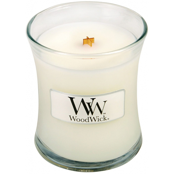 WoodWick Babypuder - Duftkerze mit Babypuder mit Holzdocht und Deckelglas klein 85 g