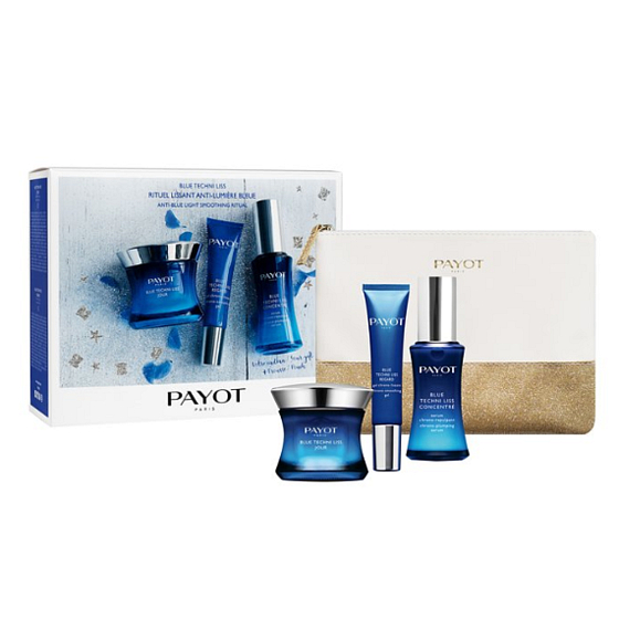 Payot Blue Techni Liss Jour Glättende chronoaktive Creme 50 ml + Glättendes chronoaktives Gel 15 ml + Konzentratfüllung Chronoaktives Serum 30 ml, + Kulturbeutel, Kosmetikset