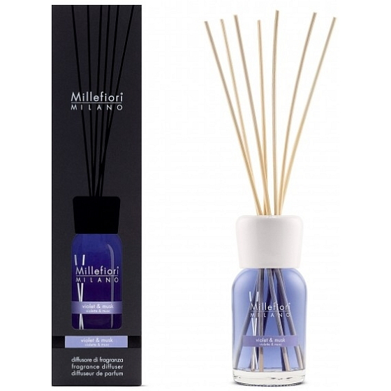 Millefiori Milano Naturviolett & Moschus - Veilchen- und Moschusdiffusor 100 ml + 7 Stiele 25 cm lang für kleinere Räume dauert 5-6 Wochen