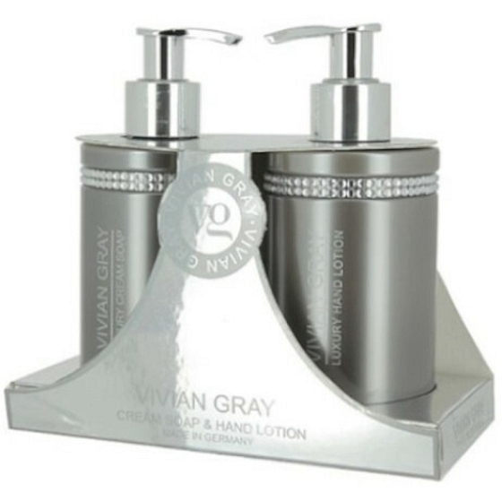 Vivian Gray Crystals Grey Luxus-Flüssigseife mit Spender 250 ml + Luxus-Handlotion mit Spender 250 ml, Kosmetikset