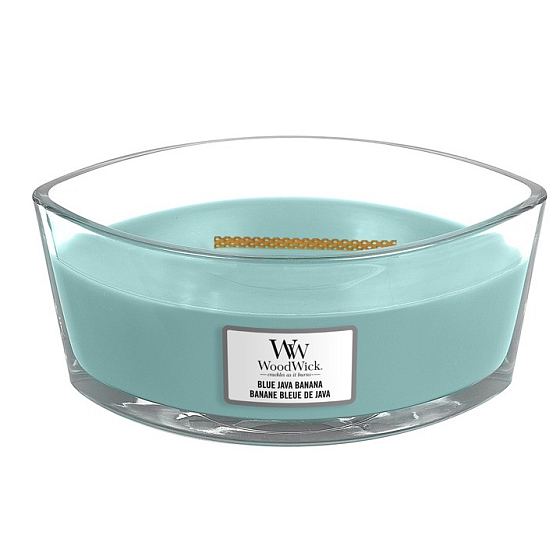 WoodWick Blue Java Banana - Hawaiianische Bananenduftkerze mit breitem Holzdocht und Bootsdeckel 453 g