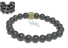 Achat schwarz matt mit königlichem Mantra Ohm-Armband elastischer Naturstein, Kugel 8 mm / 16-17 cm, gibt Mut und Kraft