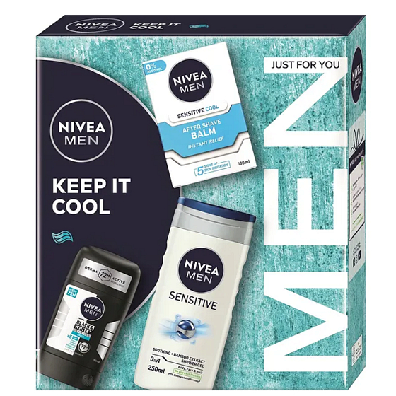 Nivea Men Keep it Cool Sensitive After Shave Balsam 100 ml + Nivea Invisible Black & White Fresh Antitranspirant Stick 50 ml + Nivea Men Sensitive Duschgel 250 ml, Kosmetikset für Männer