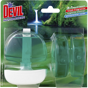 Dr. Devil 3in1 Natur Fresh flüssiger WC-Block, Korb + Nachfüllung 3× 55 ml