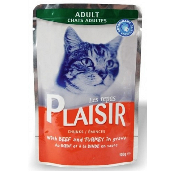 Plaisir Cat mit Rind- und Putenfleisch, vollständiges Futter für Katzen, Beutel 100 g