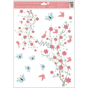 Fensterfolie ohne Kleber 2 Zweige rosa Blumen, blaue Schmetterlinge mit Glitzer 30 x 42 cm