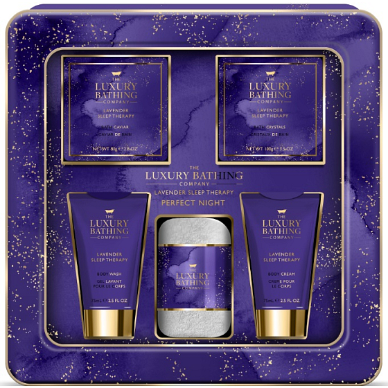 Grace Cole Lavender Sleep Therapy Reinigungsgel 75 ml + Körpercreme 75 ml + Badekristalle 100 g + Badeperlen 80 g + Flanellwaschlappen + Blechdose, Kosmetikset für Damen