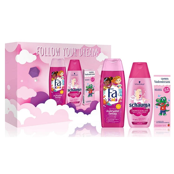 Fa Kids Mermaid Duschgel 250 ml + Schauma Kids Shampoo und Haarspülung 250 ml + Vademecum Junior Erdbeer Zahnpasta für Milchzähne 50 ml, Kosmetikset für Kinder