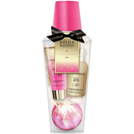 Baylis & Harding Cocktail Hour Himbeer Rose Sparkling Ballistic Bath 140 g + Pfirsich Bellini Duschcreme 100 ml + Himbeer Rose Körperlotion 30 ml, Kosmetikset