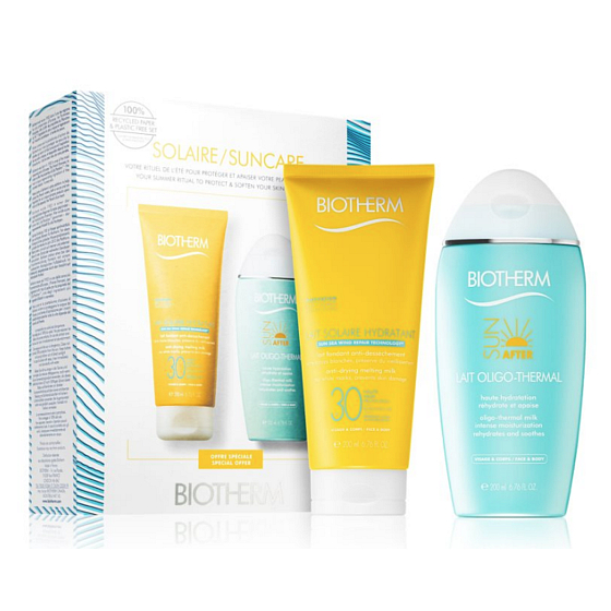 Biotherm Suncare Lait Solaire Hydratant SPF 30 Feuchtigkeitsspendende Sonnenlotion 200 ml + Lait Oligo-Thermal Beruhigende After Sun Cream 200 ml, kosmetisches Set