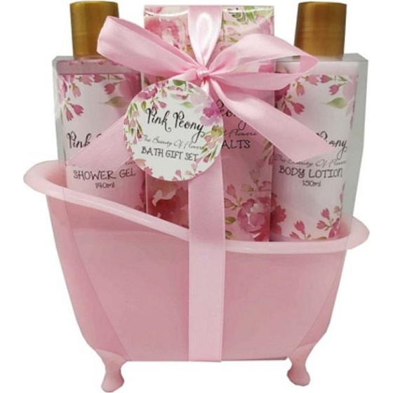 Salsa Collection Pink Peony Duschgel 150 ml + Körperlotion 150 ml + Badesalz 100 g, Kosmetikset in einem rosa Tablett