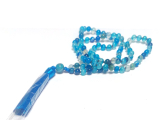 108 Mala Achat blau Halskette, Meditationsschmuck, Naturstein, elastisch, Quaste 8 cm, Perle 6mm