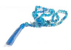 108 Mala Achat blau Halskette, Meditationsschmuck, Naturstein, elastisch, Quaste 8 cm, Perle 6mm