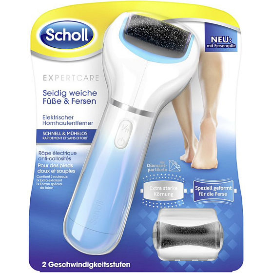 Scholl Expert Care elektrische Fußfeile mit extra grobem Drehkopf mit Diamantkristallen + Drehkopf für rissige Fersen