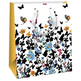 Ditipo Geschenkpapiertüte 18 x 22,7 x 10 cm Glitter - weiß schwarz und bunte Schmetterlinge und Blumen