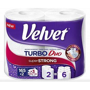 Velvet Turbo Duo Papiertücher 3-lagig, 165 Stück, 36,3 m auf Rolle, 2 Rollen