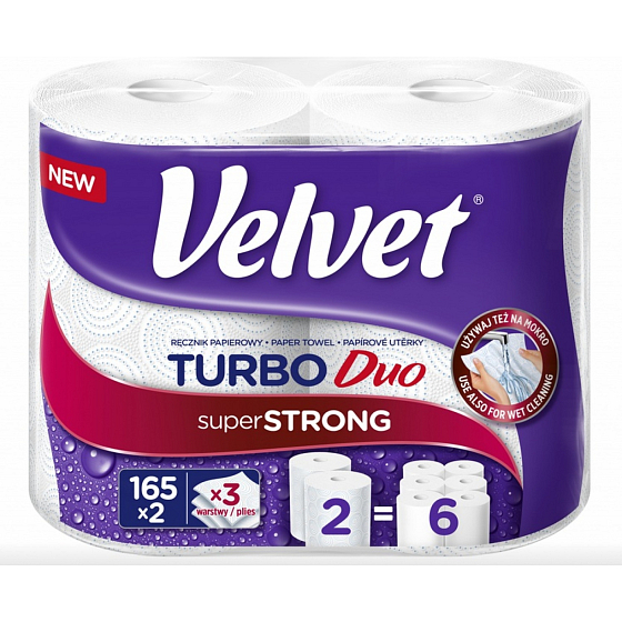 Velvet Turbo Duo Papiertücher 3-lagig, 165 Stück, 36,3 m auf Rolle, 2 Rollen