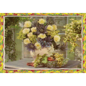 Nekupto Postkarte Gelbe Rosen mit lila Blüten
