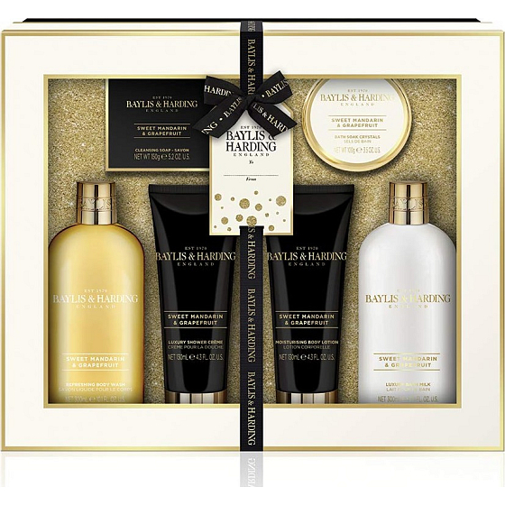 Baylis & Harding Sweet Tangerine und Grapefruit Reinigungsgel 300 ml + Bademilch 300 ml + Toilettenseife 150 g + Duschcreme 130 ml + Körperlotion 130 ml + Badesalz 100 g, Kosmetikset