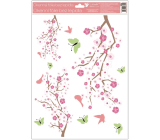 Fensterfolie ohne Kleber 3 Zweige rosa Blumen, grüne Schmetterlinge mit Glitzer 30 x 42 cm