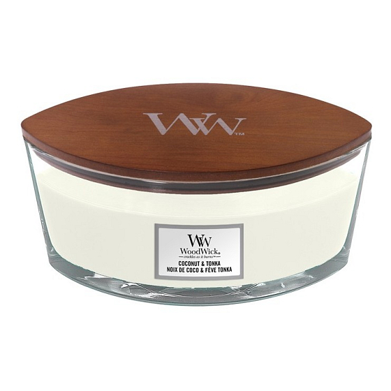 WoodWick Coconut & Tonka - Duftkerze aus Kokosnuss und Tonkabohnen mit breitem Holzdocht und Deckelglasboot 453 g
