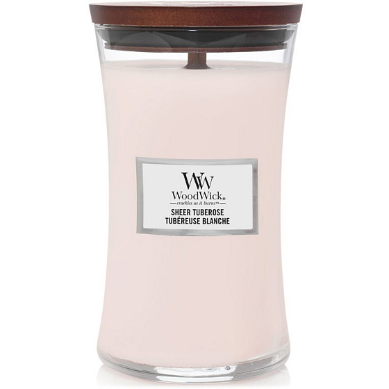 WoodWick Sheer Tuberose - Feine Tuberose-Duftkerze mit Holzdocht und Deckelglas groß 609,5 g