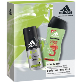 Adidas Cool & Dry 48h 6in1 Antitranspirant Deodorant Spray 150 ml + Active Start 3in1 Duschgel für Körper, Haare und Gesicht für Männer 250 ml, Kosmetikset